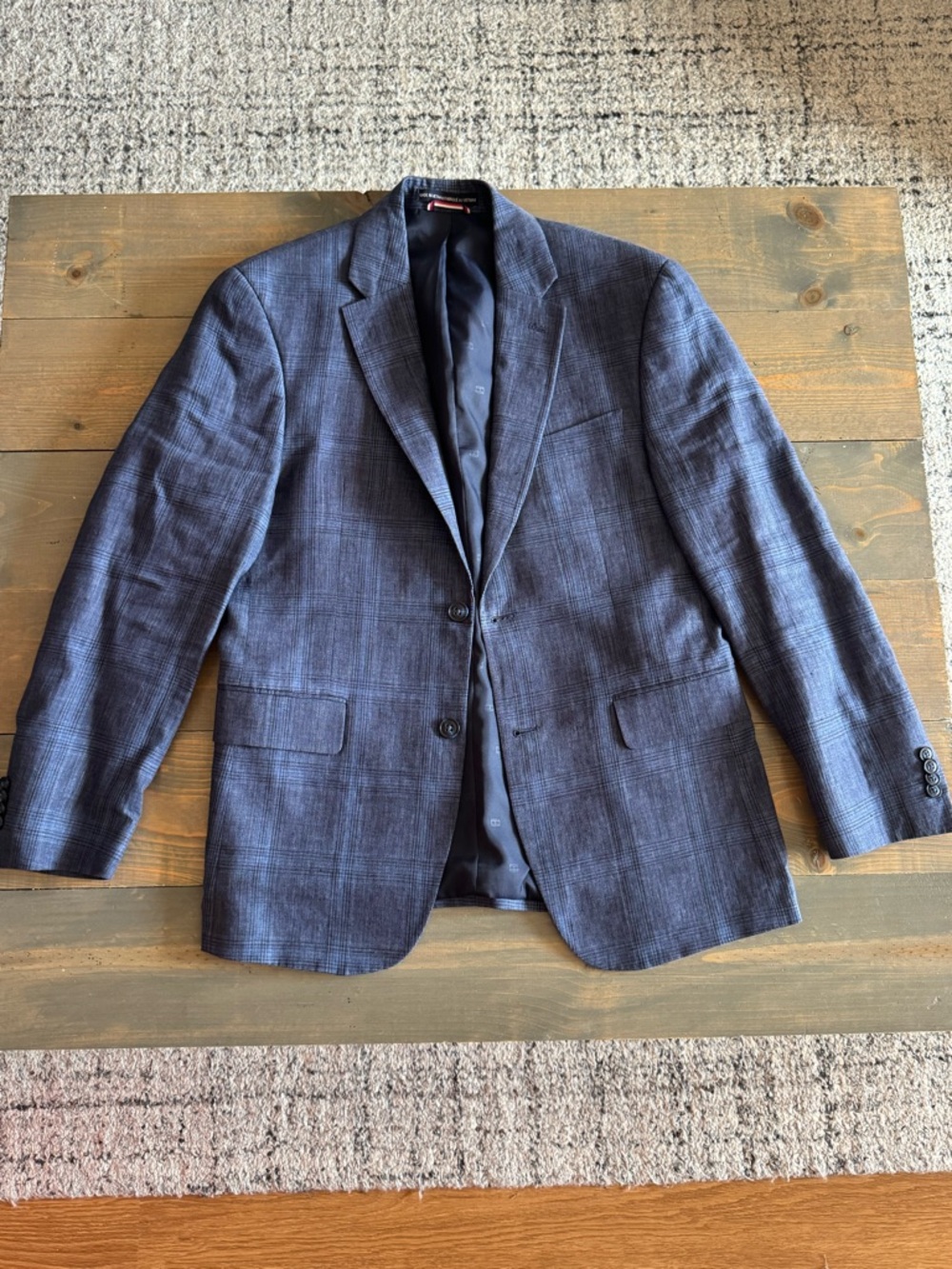 Tommy Hilfiger 36S Blue Gray Plaid Linen Sport Coat Blazer Lightweight Summer